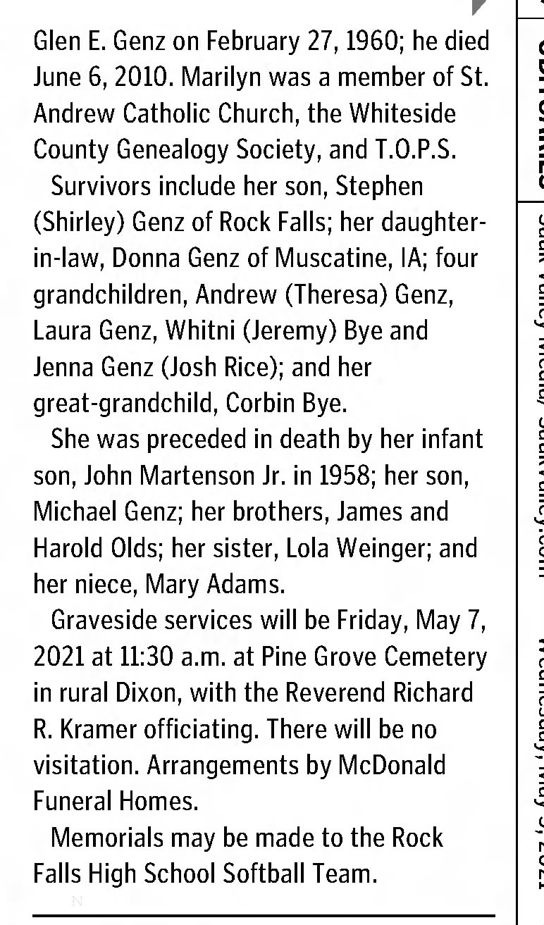 SterG-2021-0505-pA9-Obituary-Mrs Marilyn J Olds Martens Genz, Pine Grove Cemetery, pt 2