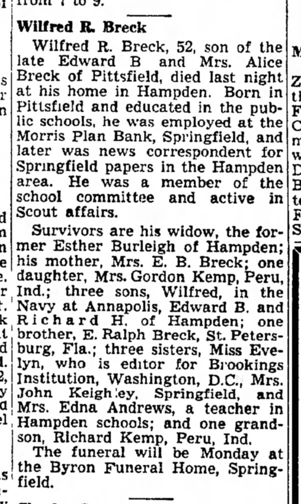 Berkshire Eagle, Sat, Aug 2, 1947, pg 3
Wilfred R. Breck