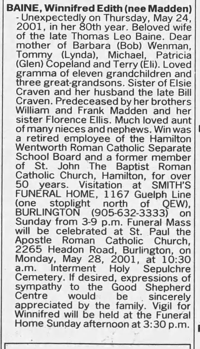 Winnifred Edith (Madden) Baine, 2001 Obituary