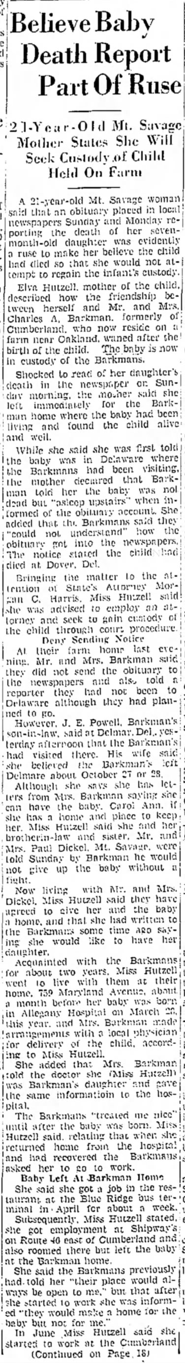 Carol Ann Hutzell Barkman- Cumberland Evening Times- 4 Dec 1947
