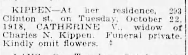 Catherine V. Kippen, Widow of Charles N. Kippen, Death Announcement