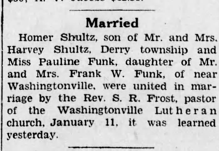 Marriage Announcement of Homer and Pauline (Funk) Shultz