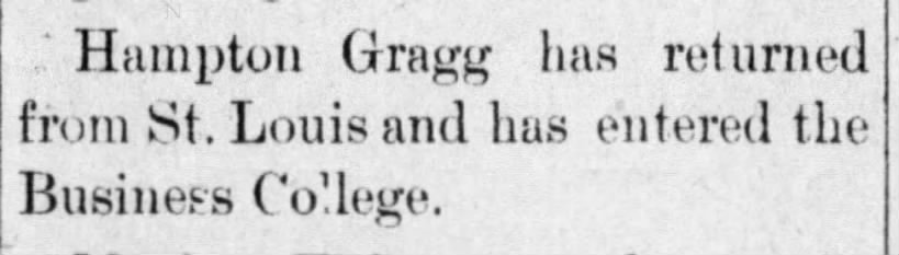 Hampton Gragg enters business college, 3 Mar 1899, Parsons Weekly Globe, Kansas