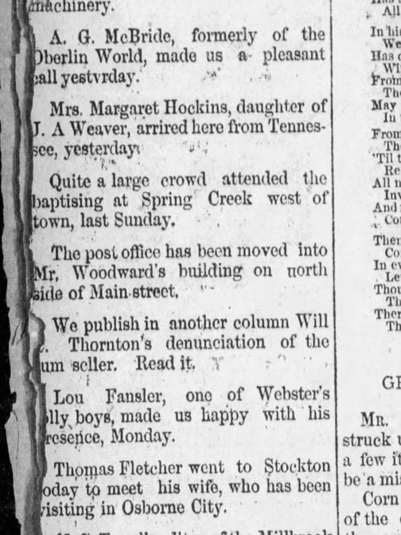 J A Weaver's daughter, Margaret Hawkins, visiting from TN. Nicodemus Cyclone, pg 7, 20 Jul 1888