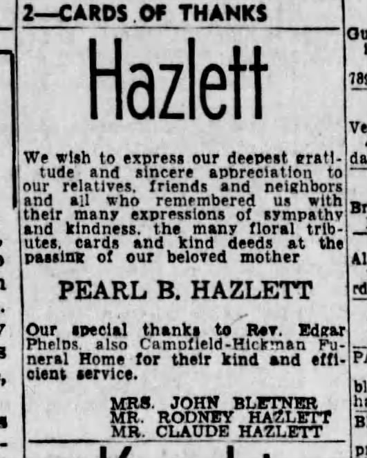 Pearl B Hazlett card of Thanks from gma, Uncles Rodney and Claude