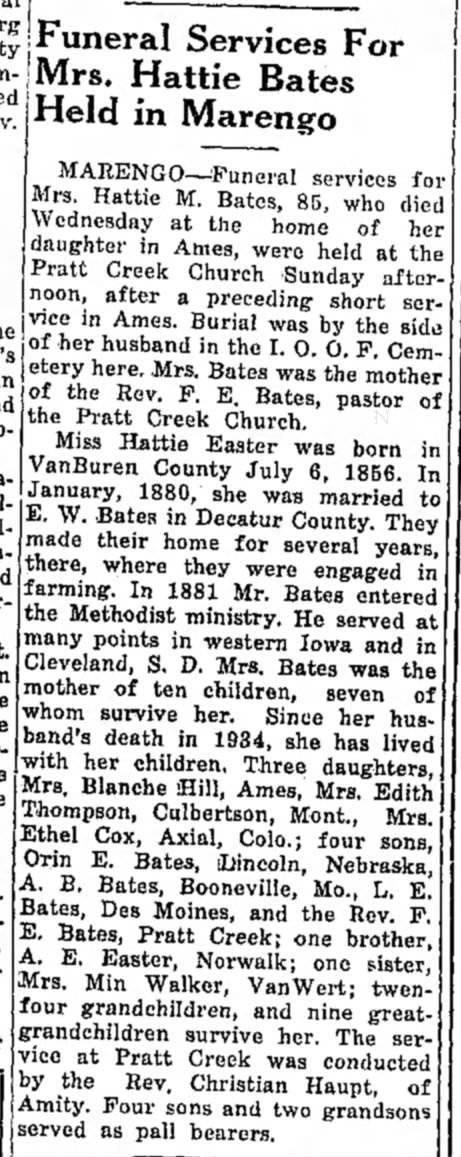 Bates, Hattie obituary, Williamsburg Journal Tribune, Williamsburg, Iowa Nov 6, 1941