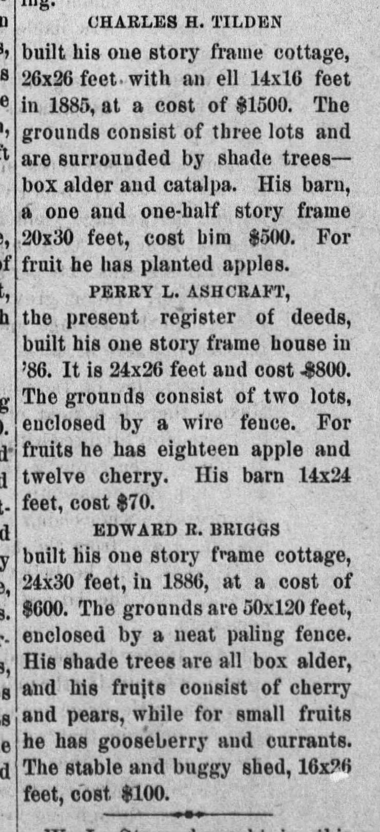 Perry L. Ashcraft builds house in Oberlin, Kansas for $800.