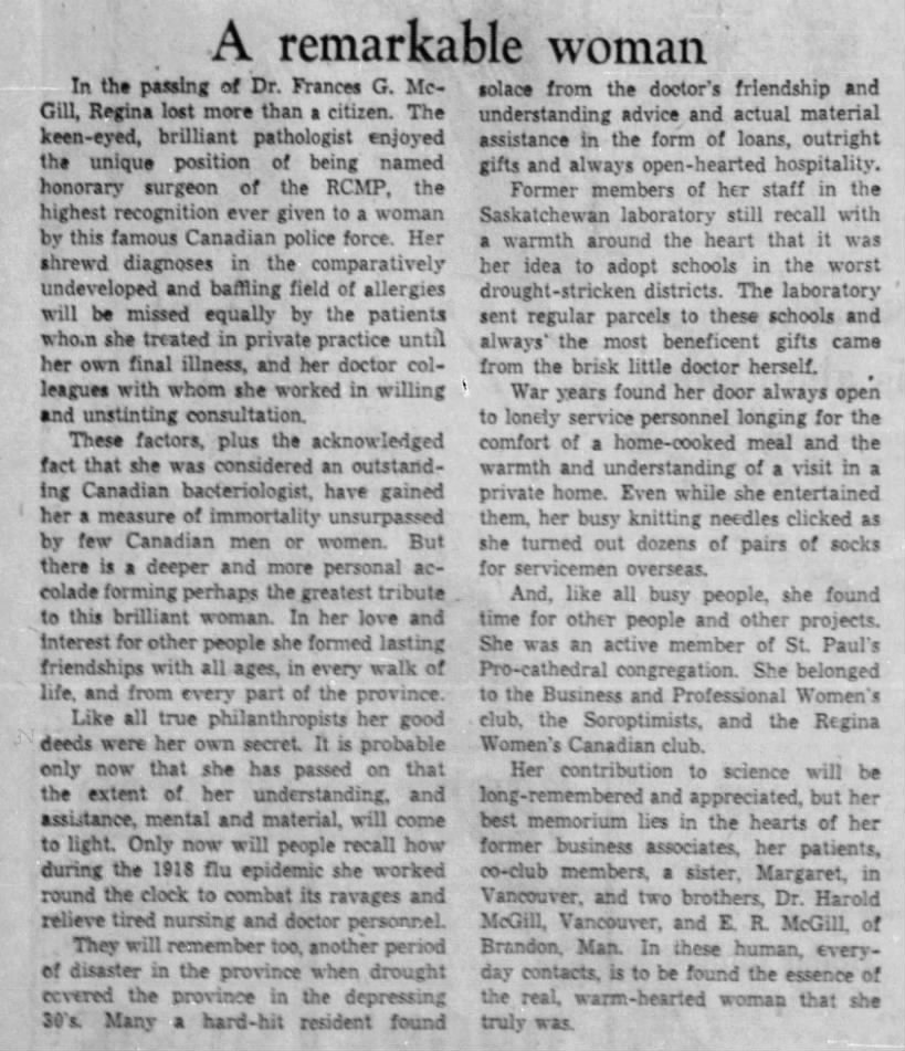 A Remarkable Woman - Leader-Post editorial on the death of Dr. Frances G. McGill, January 28, 1959