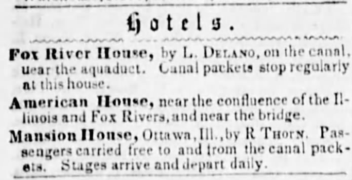 Hotels. [Includes Fox River House run by Loring Delano, future father-in-law of Mary Atcherley.]
