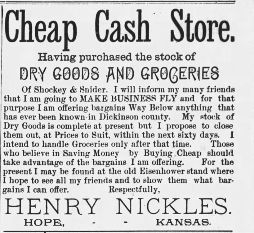 Henry Nickles dry goods & groceries 1889