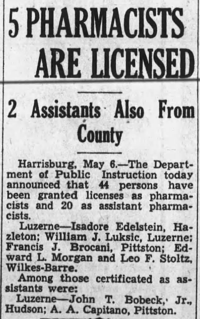 John T Bobeck Jr, Pharmacist's License 6 May 1935