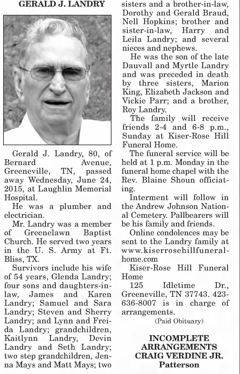 Obituary for GERALD J. LANDRY
