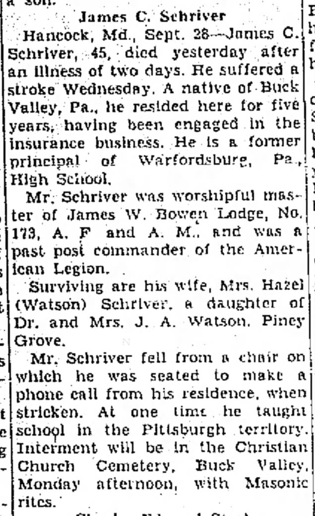 James Claude Schriver (1940)
Native of Buck Valley, PA