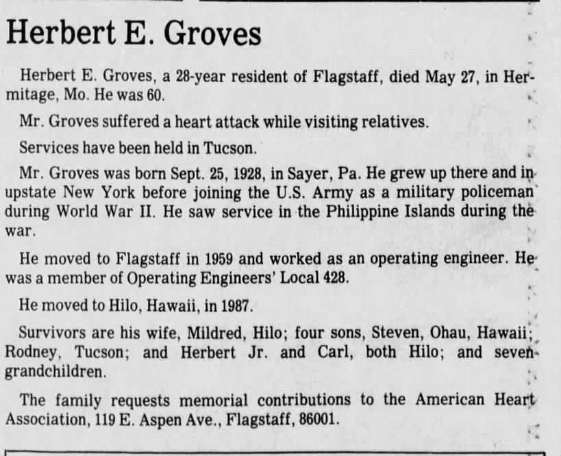 Obituary for Herbert E. Groves (Aged 60)