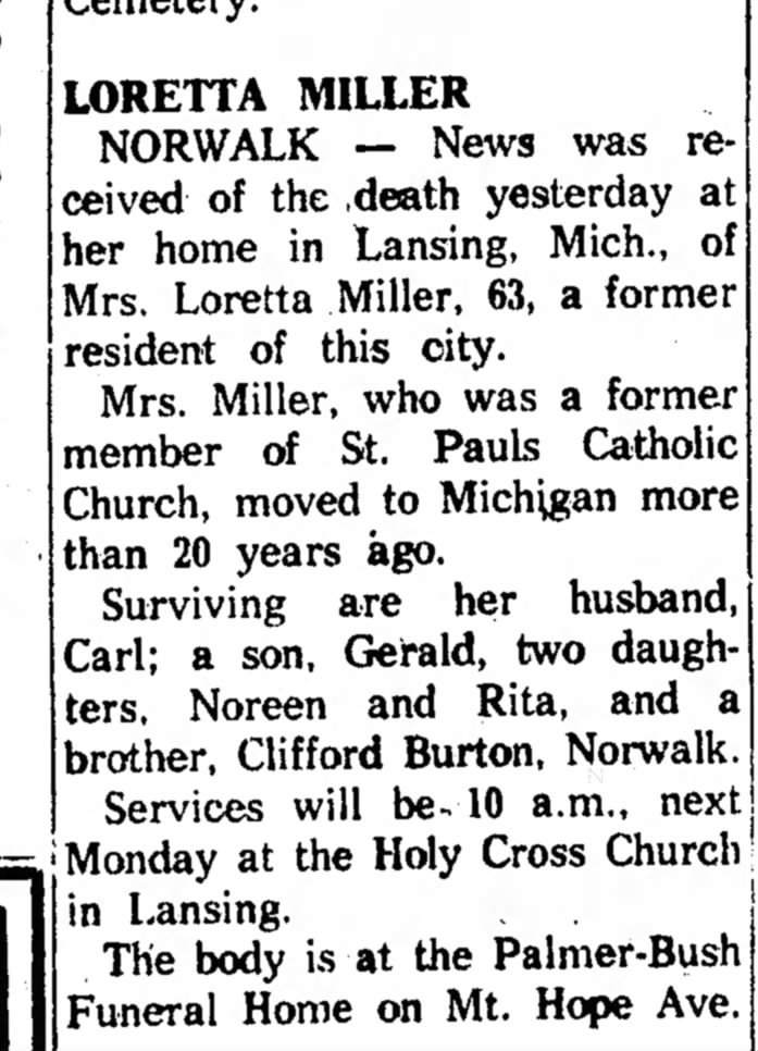 Loretta Miller death notice 1960