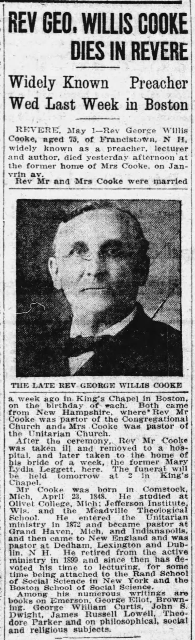 Boston Globe
5/1/1923
Death of Willis Cooke following marriage to Leggett