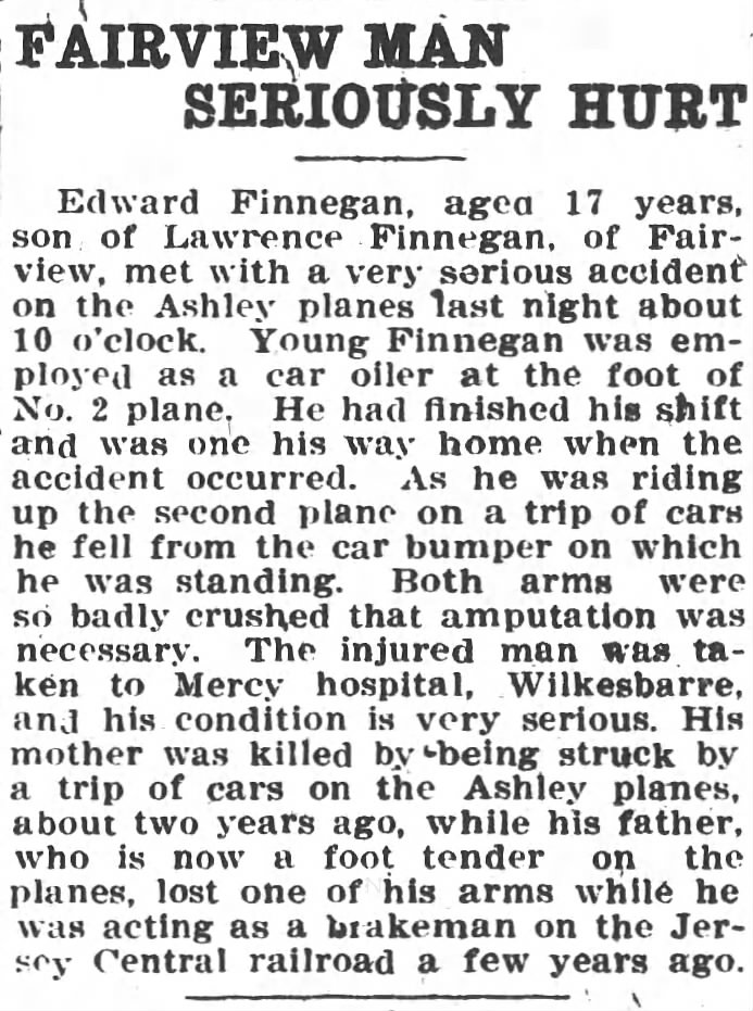 Edward Finnegan Accident on Ashley Planes
Both arms amputated