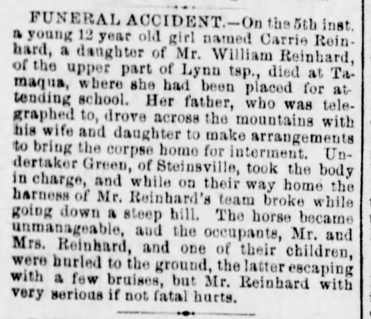 William Reinhard funeral accident 1884
