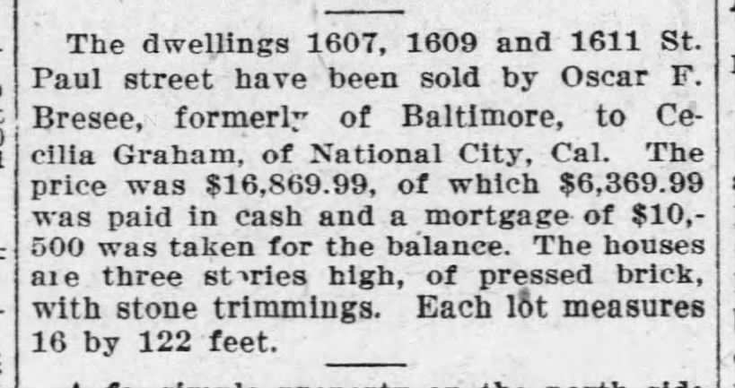 Oscar F. Bresee Jr., 1912 Baltimore property sales