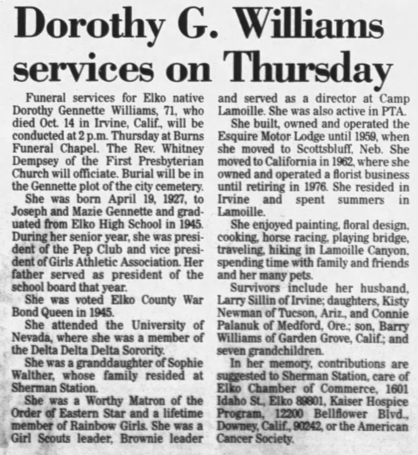 Obituary for Dorothy Gennette Williams (Aged 71)