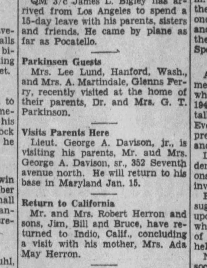 George A. Davison, Jr. Twin Falls Times News Sunday, Jan 7, 1945
