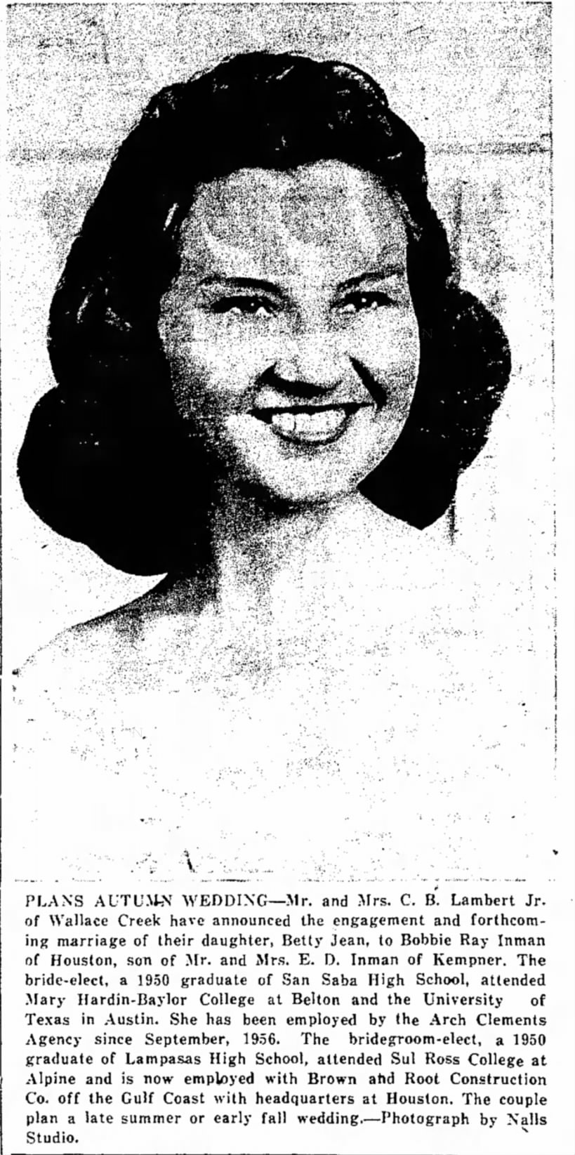 Betty Jean Lambert to wed Bobbie Ray Inman 1957
