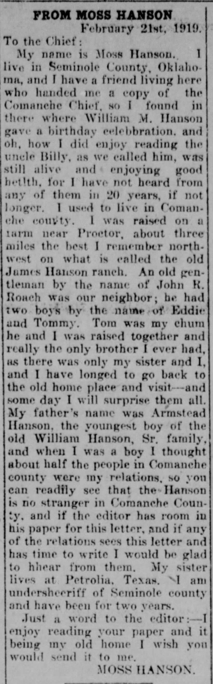 Article written by Moss Hanson, son of Armstead Hanson
