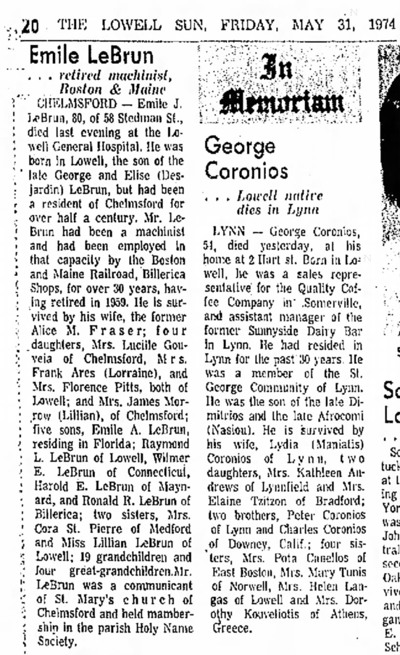 Emile LeBrun obituary from the Lowell Sun 31 May 1974