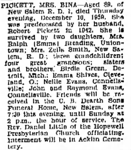 bina pickett obit the evening standard page 21 december 21 1959