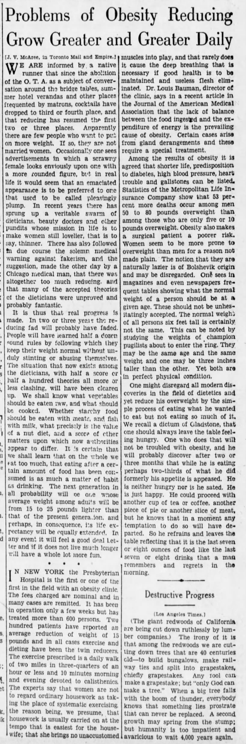 Obesity Problems - Toronto Mail & Empire. 21 AUG 1928 BrooklynEagle