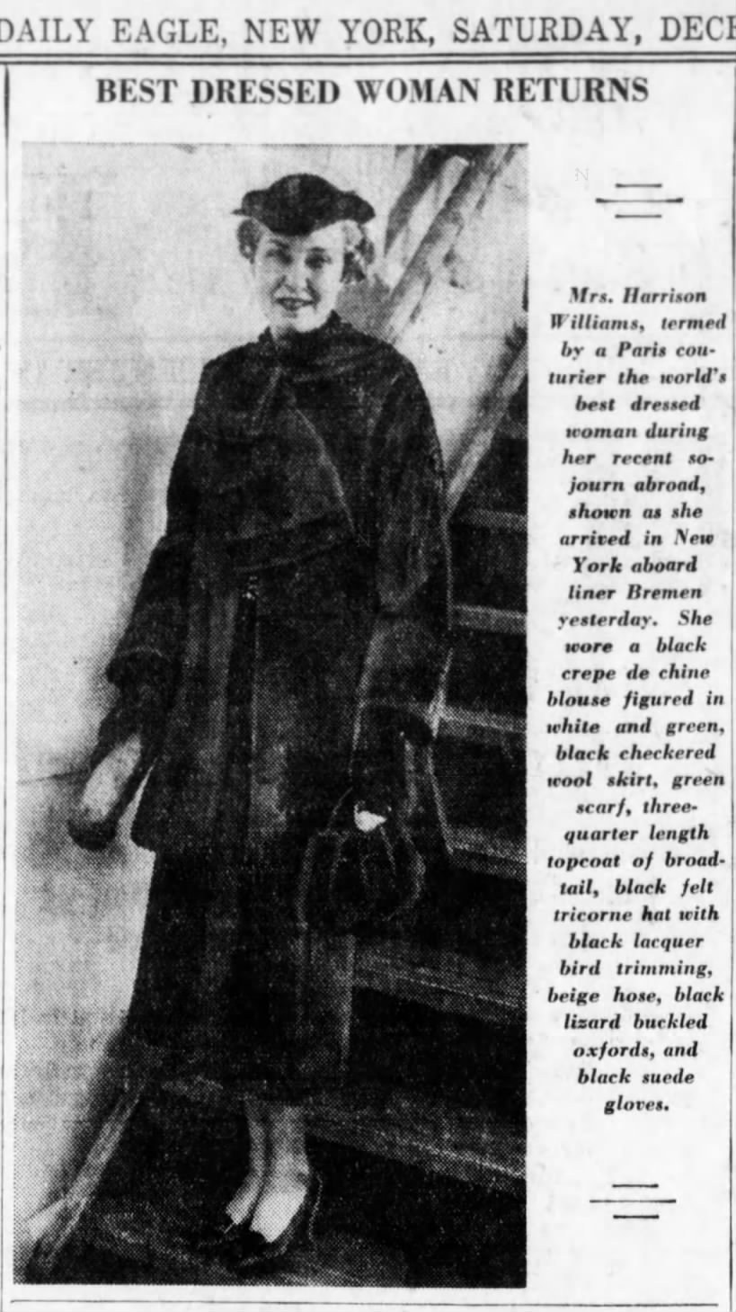 1934 Best Dressed Woman Mrs. Harrison Williams returns to NY - Brooklyn Daily Eagle