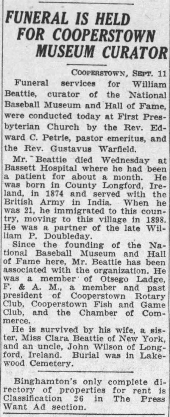 Funeral of William Beattie (Beatty), originally Co. Longford, Curator of National Baseball Museum