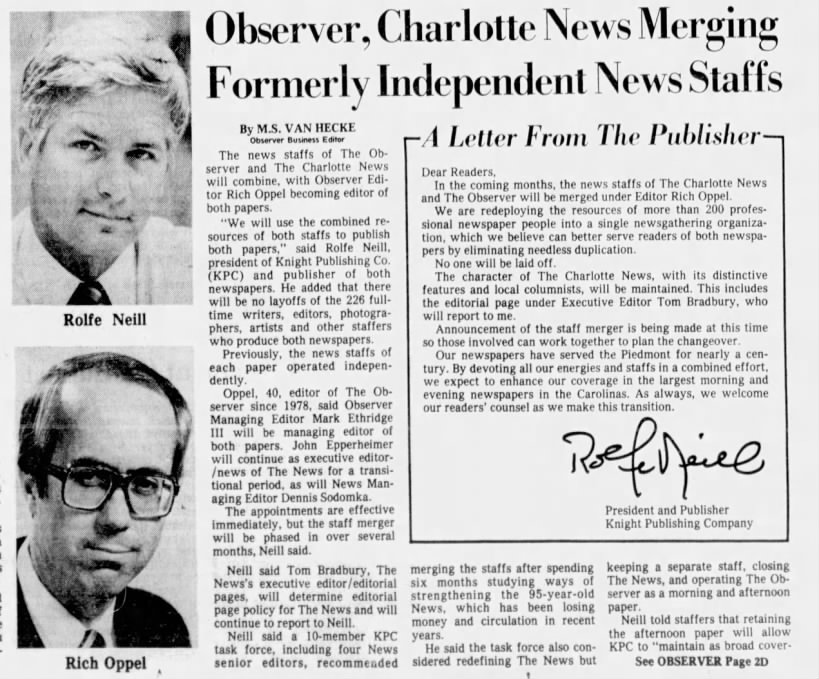 Observer, Charlotte News Merging Formerly Independent News Staffs