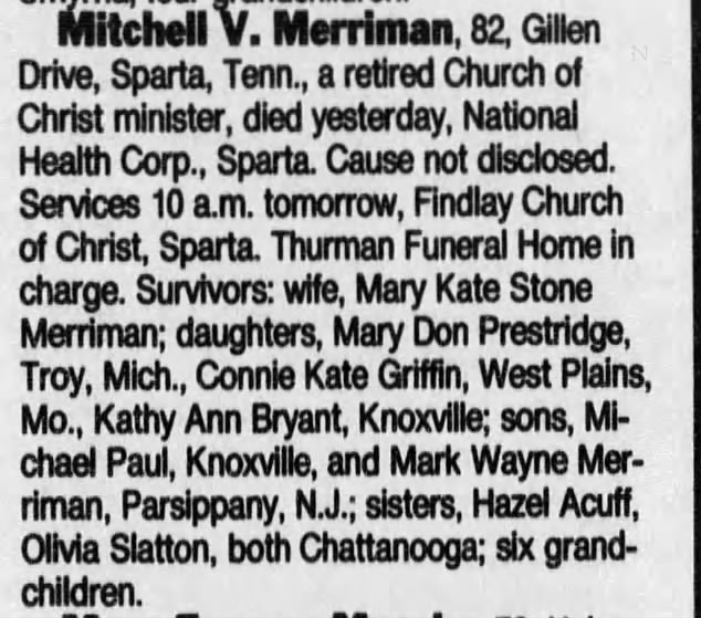 Mitchell Virgil Merriman death announcement The Tennessean newspaper 17 Nov 1997