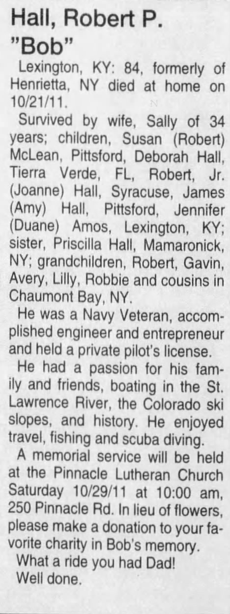 Obituary for Robert P. Hall (Aged 84)