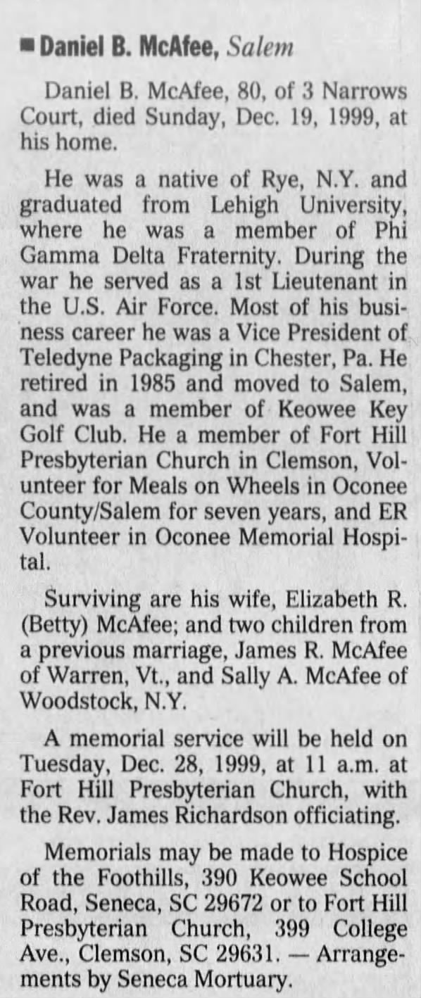 Obituary for Daniel B. McAfee (Aged 80)
