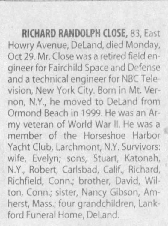 Obituary for RICHARD RANDOLPH CLOSE (Aged 83)