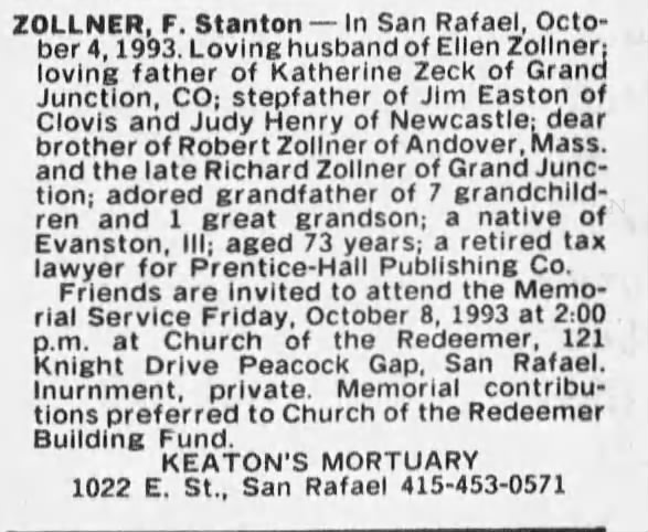 Obituary for F. ZOLLNER Stanton (Aged 73)