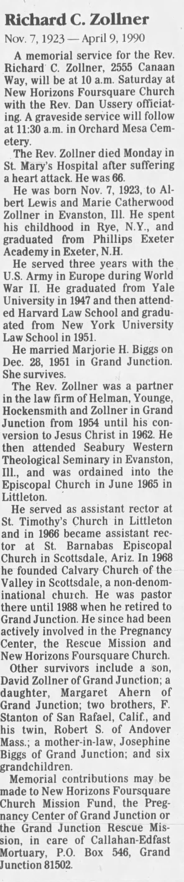 Obituary for Richard C. Zollner, 1923-1990 (Aged 66)