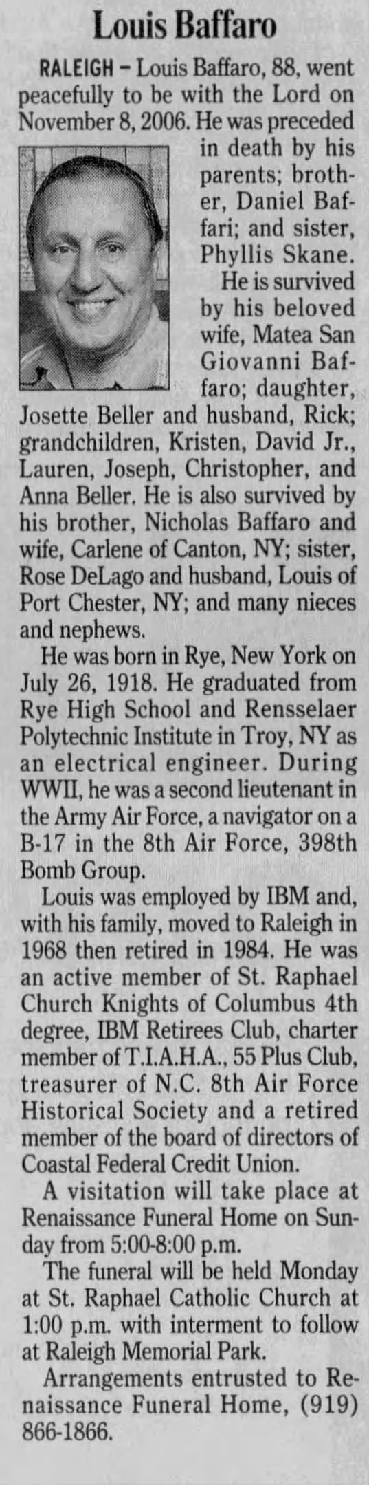 Obituary for Louis Baffaro, 1918-2006 (Aged 88)
