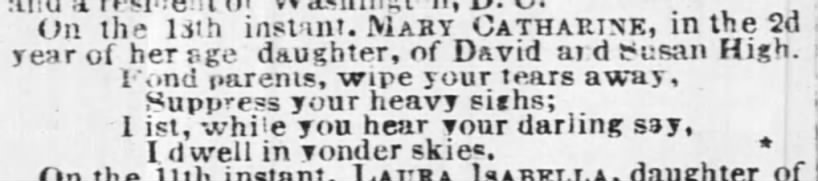 Death notice, Mary C. High, The Sun (Baltimore, MD) 08/15/1848 pg 2
