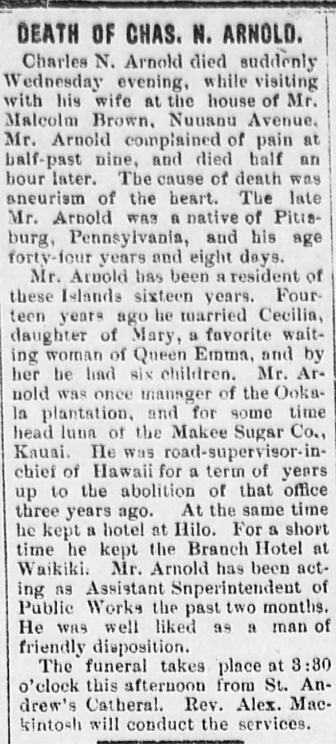 Death Notice of Chas. N. Arnold. Daily Bulletin, Honolulu, Territory of Hawaii, Page 2