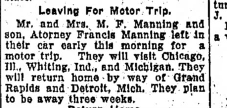 Mr & Mrs M F Manning, F Manning Visit to Chicago, Whiting, Id, Grand Rapids, Mi, Detroit, Mi.