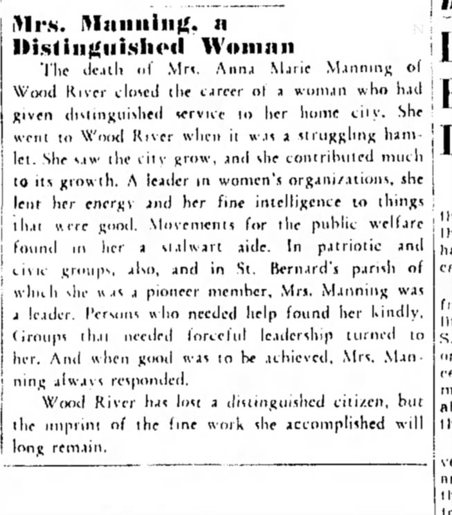 Mrs M F Manning re her passing:  Mrs Manning, a Distinguished Woman