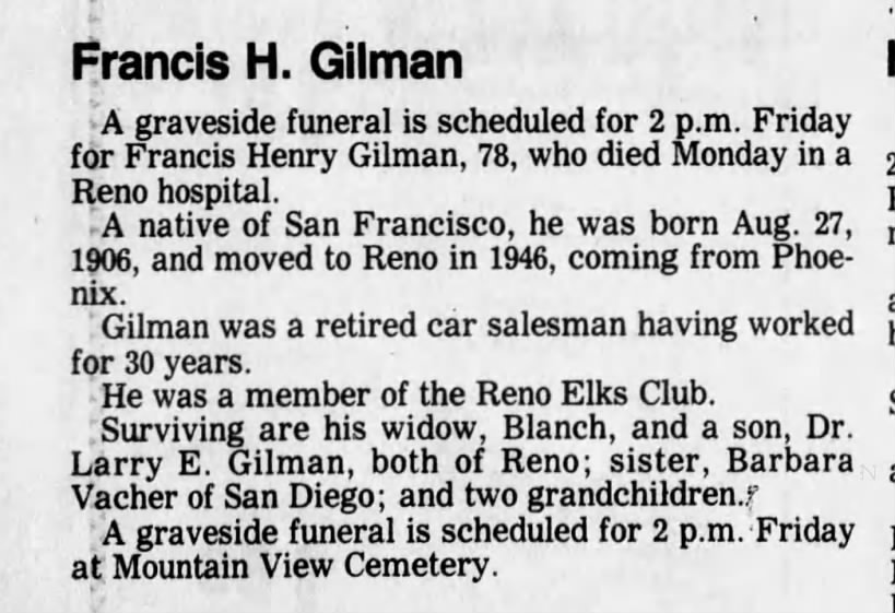 Francis H Gilman Obit RGJ 31 Oct 1984