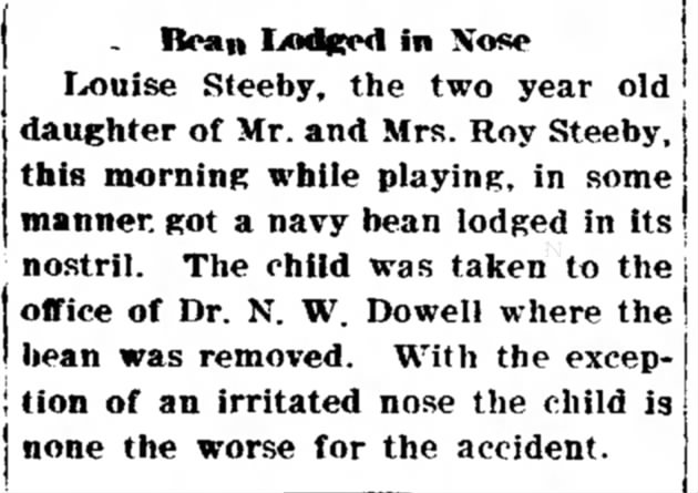Louise Steeby, Bean lodged in nose