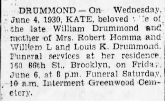 Kate Drummond obituary - Brooklyn Eagle, 6 Jun 1930, page 19