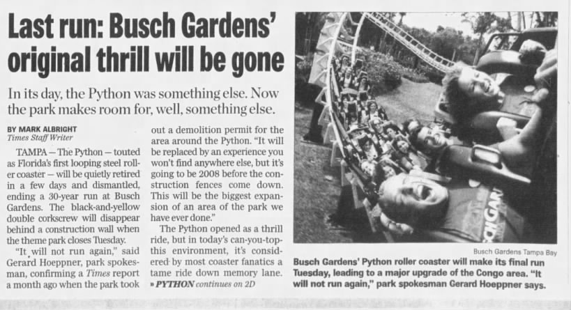 Last run: Busch Gardens' original thrill will be gone