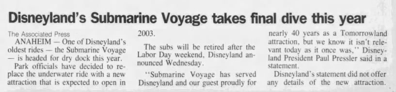 Disneyland's Submarine Voyage takes final dive this year