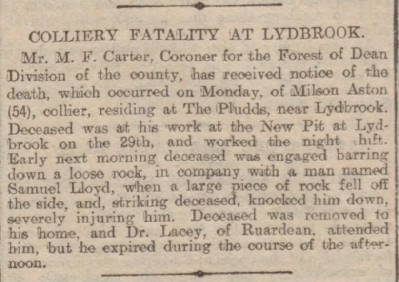 Colliery Fatality at Lydbrook. Milson Aston.